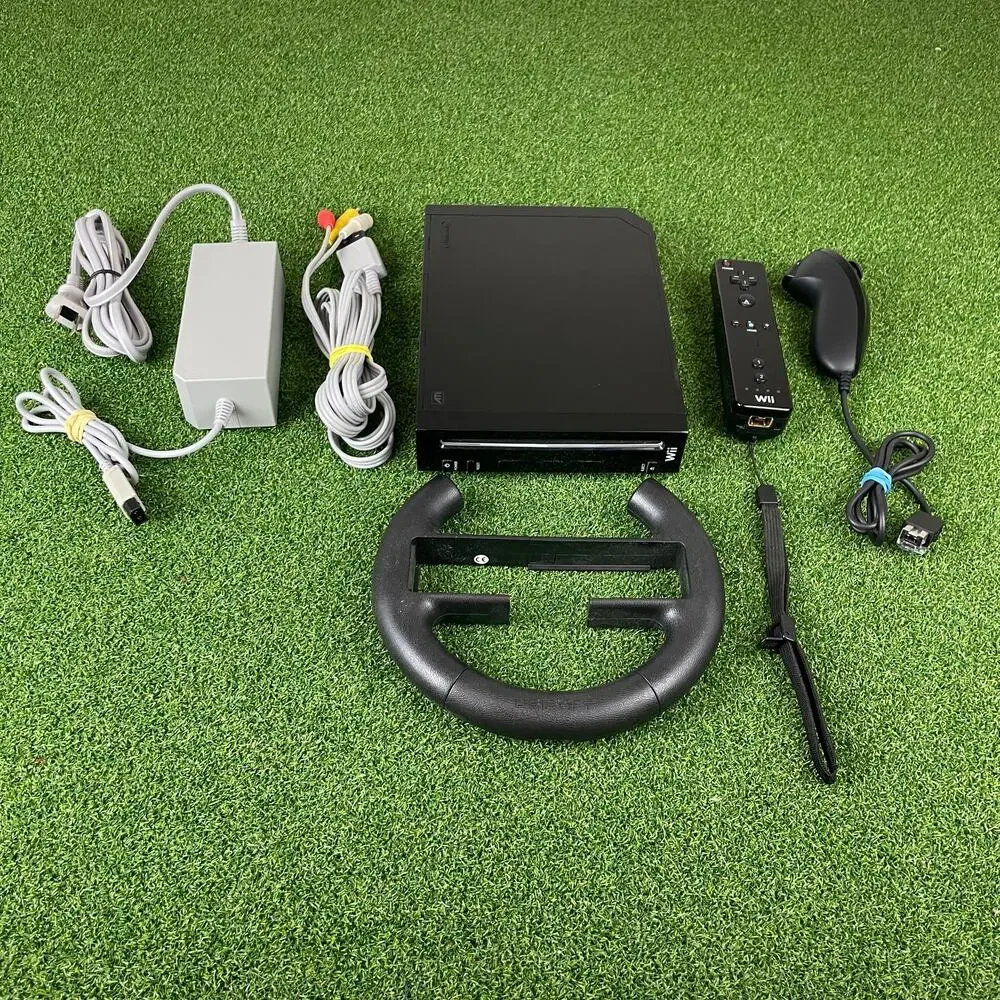 Nintendo Wii Black Console Bundle OEM Remote Nunchuk Cords Sensor Bar Tested